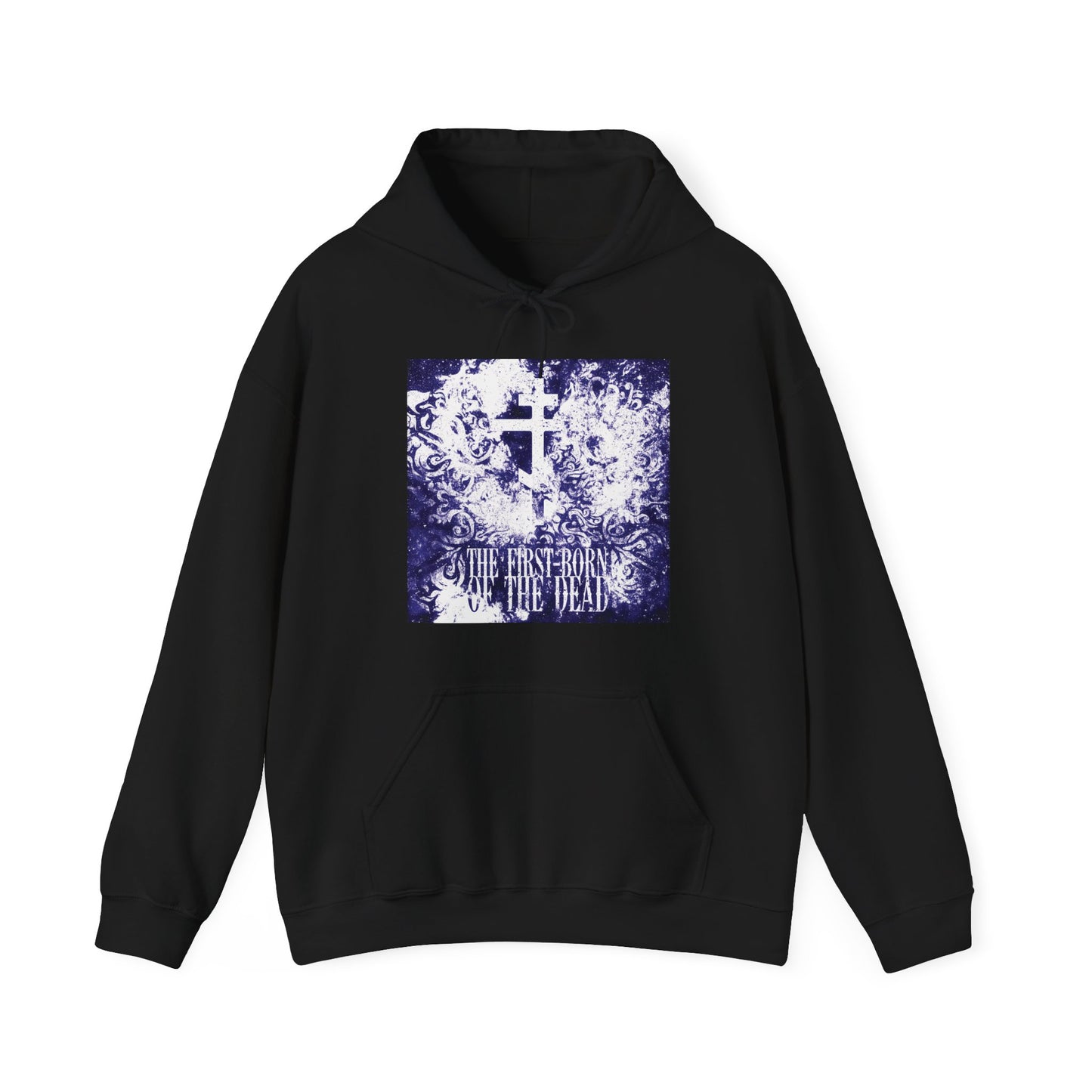 Black hoodie with glowing white & blue textured cosmic Orthodox cross and "The First-Born of the Dead" text on the front; inspired by Jesus Christ’s resurrection.