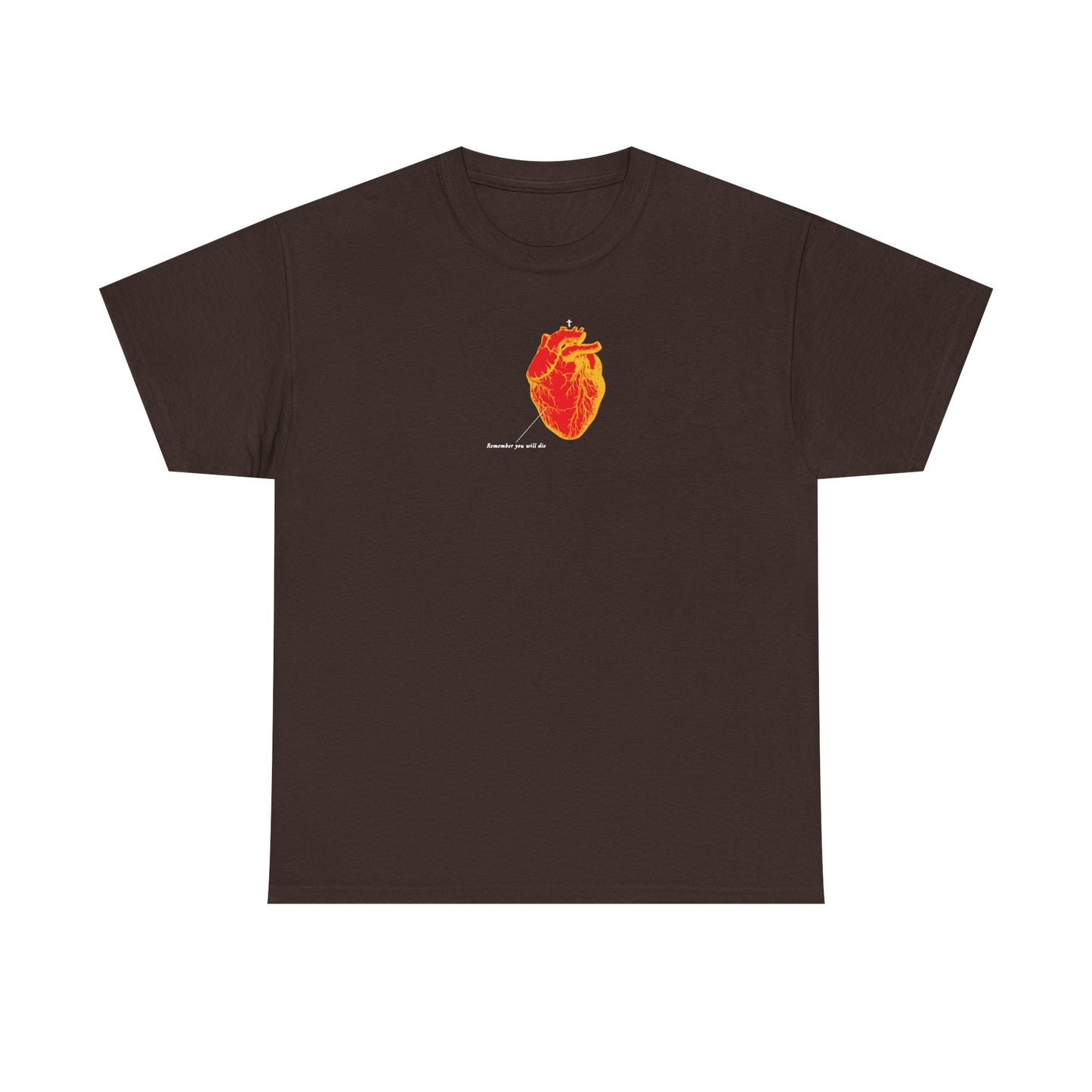 Dark Chocolate unisex tee featuring a red & orange antique medical heart design, "Remember You Will Die" white text, and memento mori Christian theme inspired by the soul’s journey. Midweight cotton.