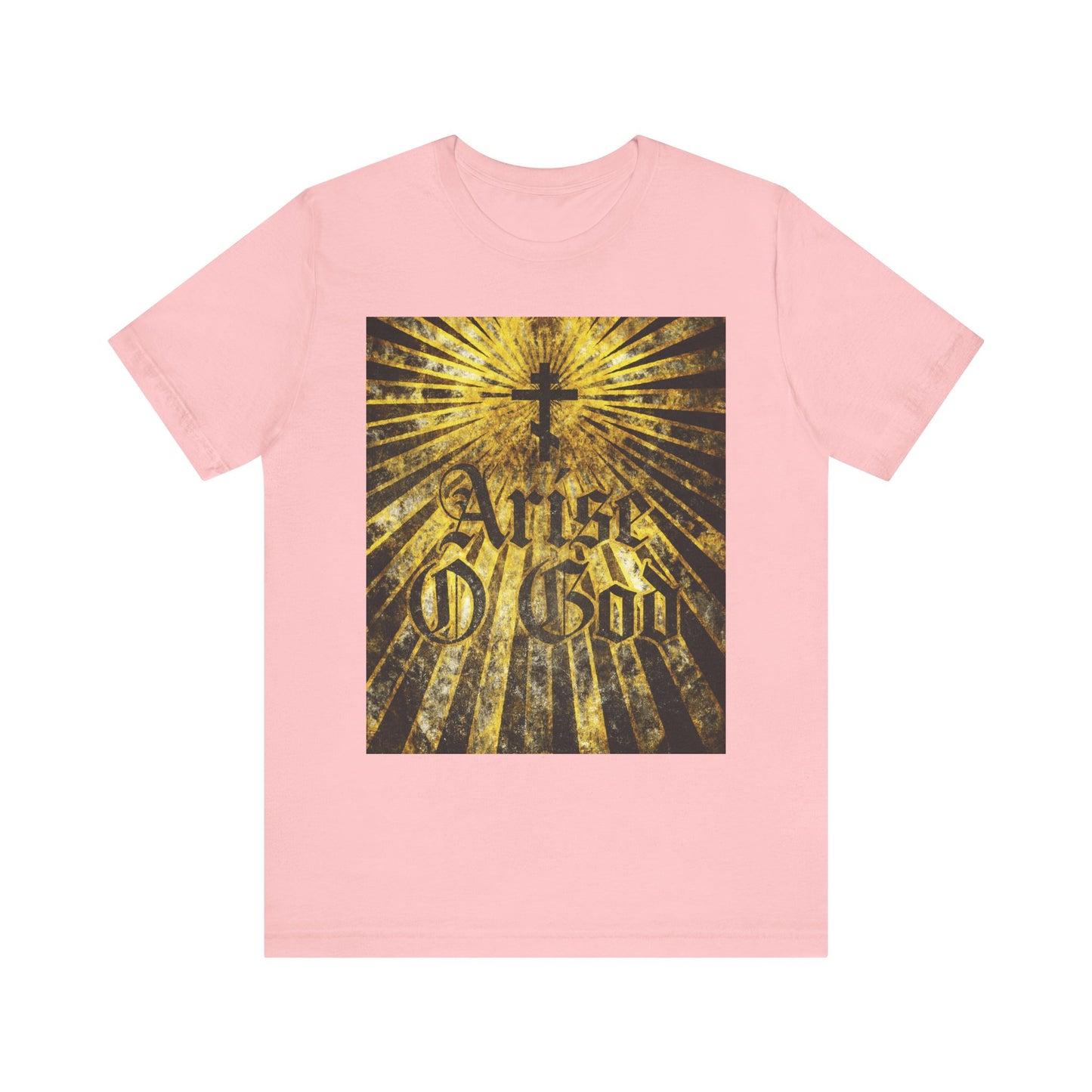 Pink lightweight cotton tee with “Arise O God” in textured Gothic font, Orthodox cross, and golden rays—an inspiring nod to Psalm 81 (82 LXX) and the Divine Council.
