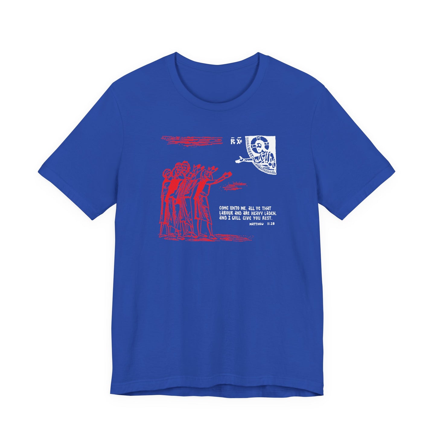 True Royal cotton t-shirt featuring red graphic art inspired by Matt. 11:28, with skeleton and people motifs, subtle Holy Spirit references, and Orthodox Christian iconography.