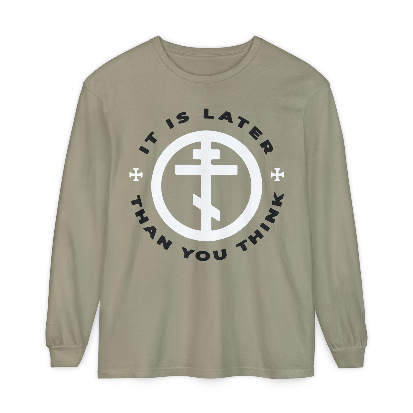 Sandstone long-sleeve shirt with Orthodox cross-in-circle design, inspired by Fr Seraphim Rose and Romans 13:10-12. Features "IT IS LATER THAN YOU THINK." Part of our Memento Mori & Apocalypse collection.