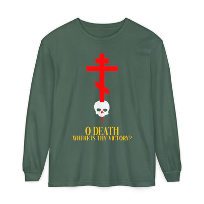 O Death Where is Thy Victory? (1 Corinthians 15:55) | Cross Stabbing Skull | Yellow Text | Orthodox Christian Long Sleeve Shirt