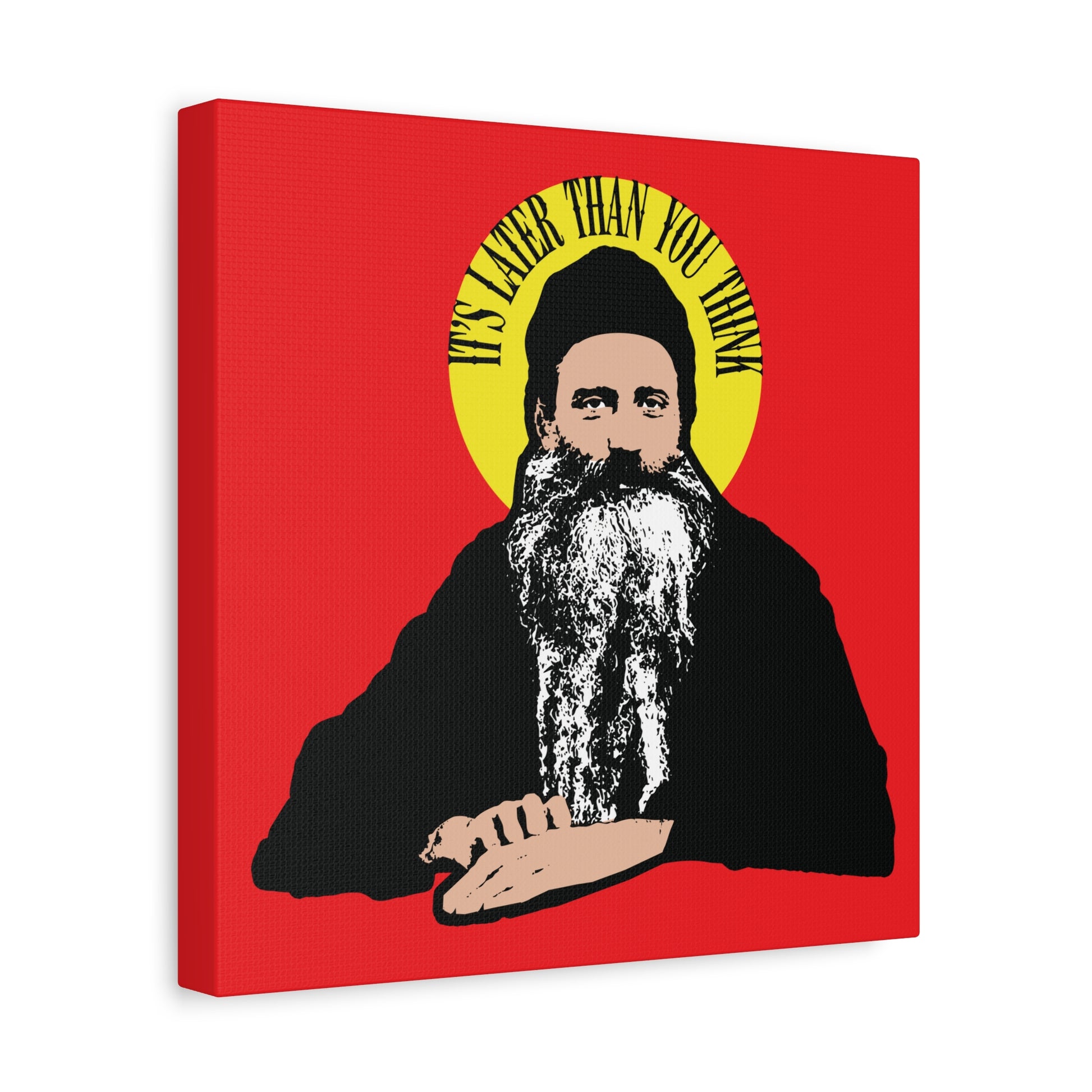 Illustration of Fr Seraphim Rose with a yellow halo and quote: It's Later Than You Think, on a red background. Modern American Orthodox Christian Saint wall art.