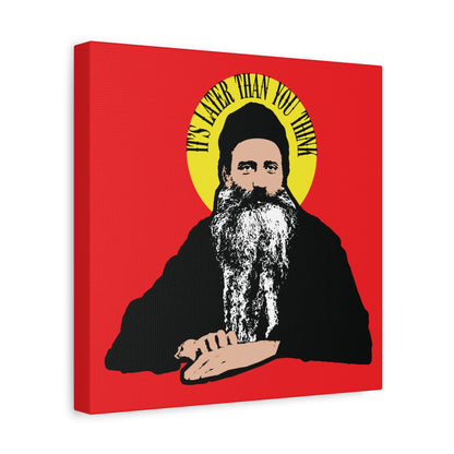 Illustration of Fr Seraphim Rose with a yellow halo and quote: It's Later Than You Think, on a red background. Modern American Orthodox Christian Saint wall art.