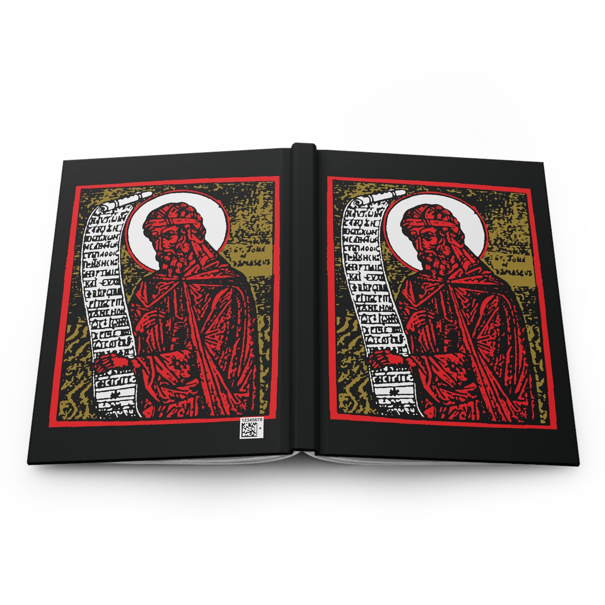 The St. John of Damascus Icono-Graphic Hardcover Journal features mirrored illustrations of the saint holding a scroll on a red, gold, and black high contrast cover, reflecting Orthodox Christian tradition and hymnography.