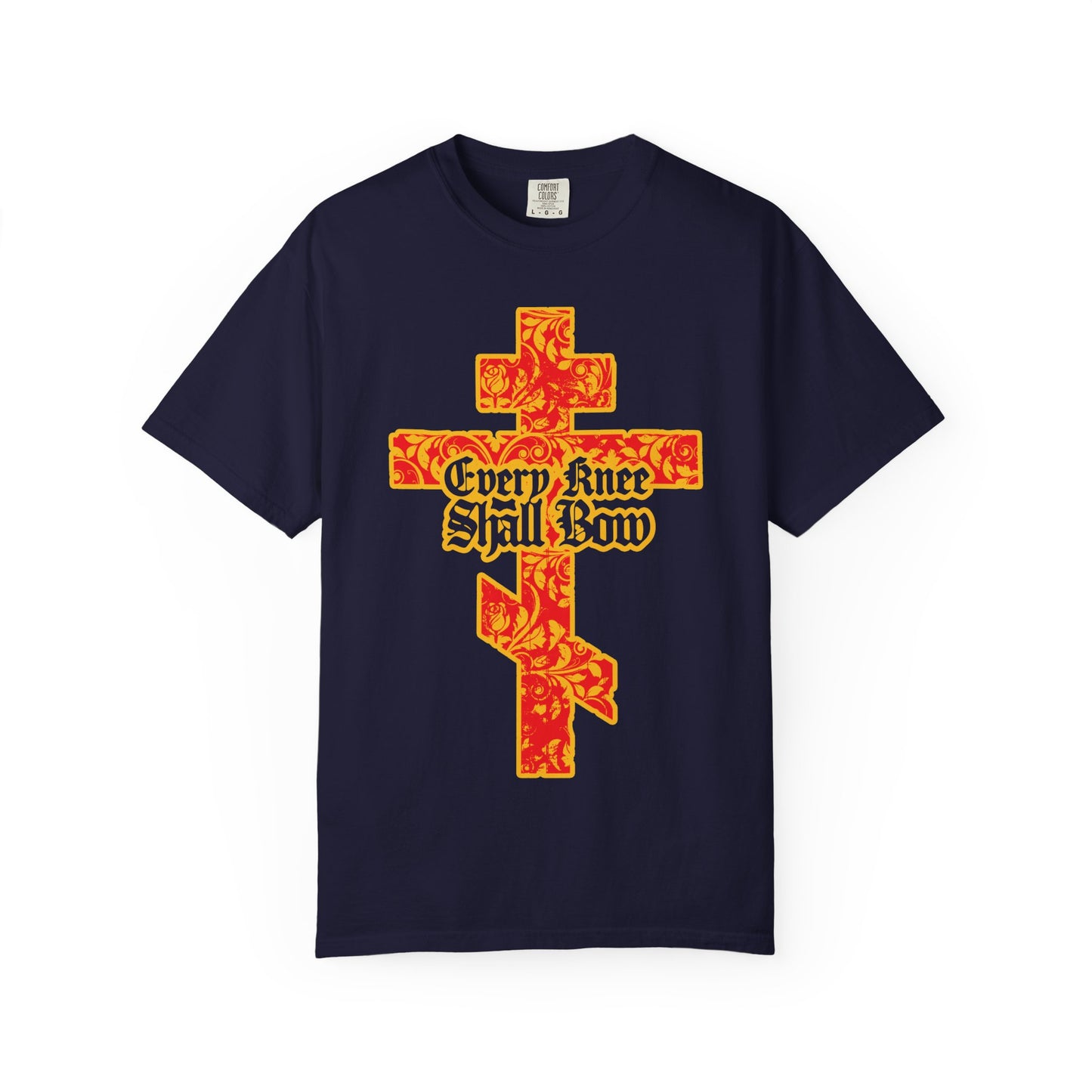 True navy heavyweight cotton unisex tee featuring a gold and red floral-textured Orthodox cross and the words “Every Knee Shall Bow” in black gothic letters, inspired by Isaiah 45:22-24 and Philippians 2:7-11 (Lexham English Bible).