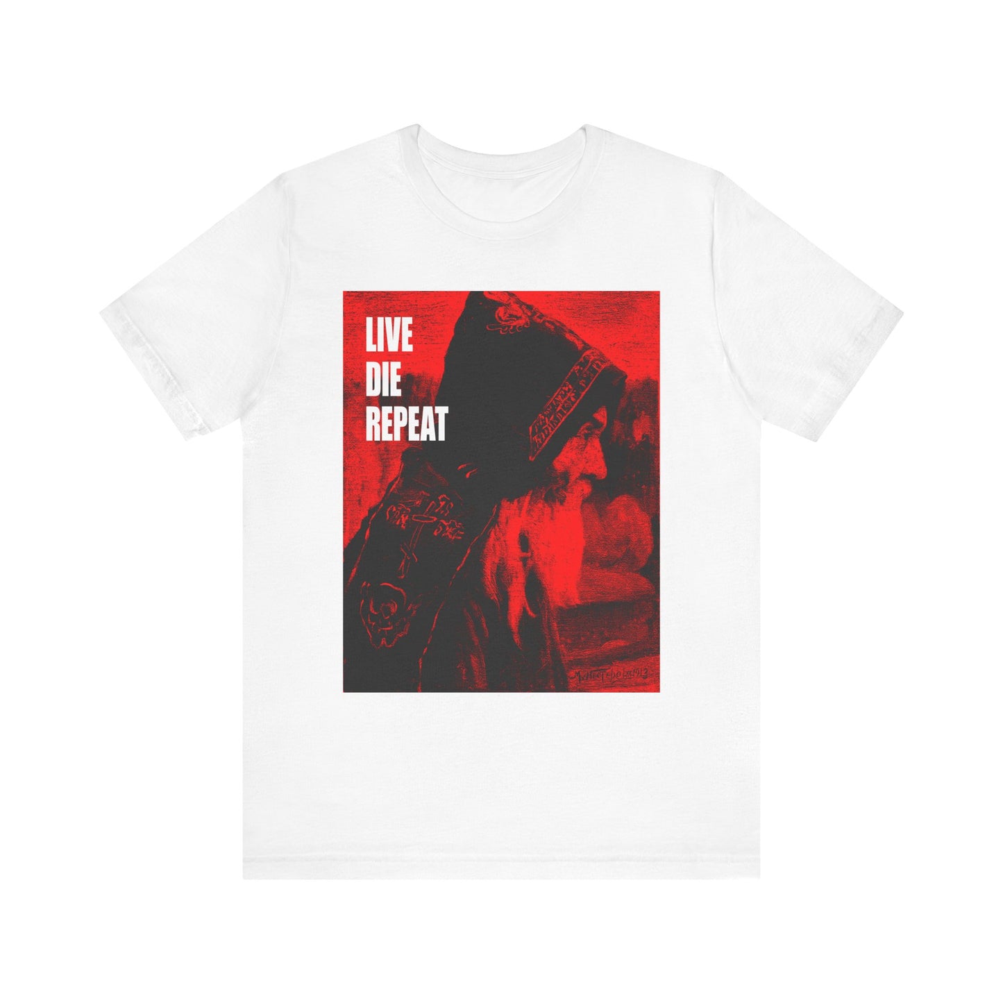 White unisex tee featuring Mikhail Nesterov's Orthodox Monk art and "Die Every Day, You Will Live Forever" on the front—a lightweight cotton shirt in white, blending inspiration and ascetic style.