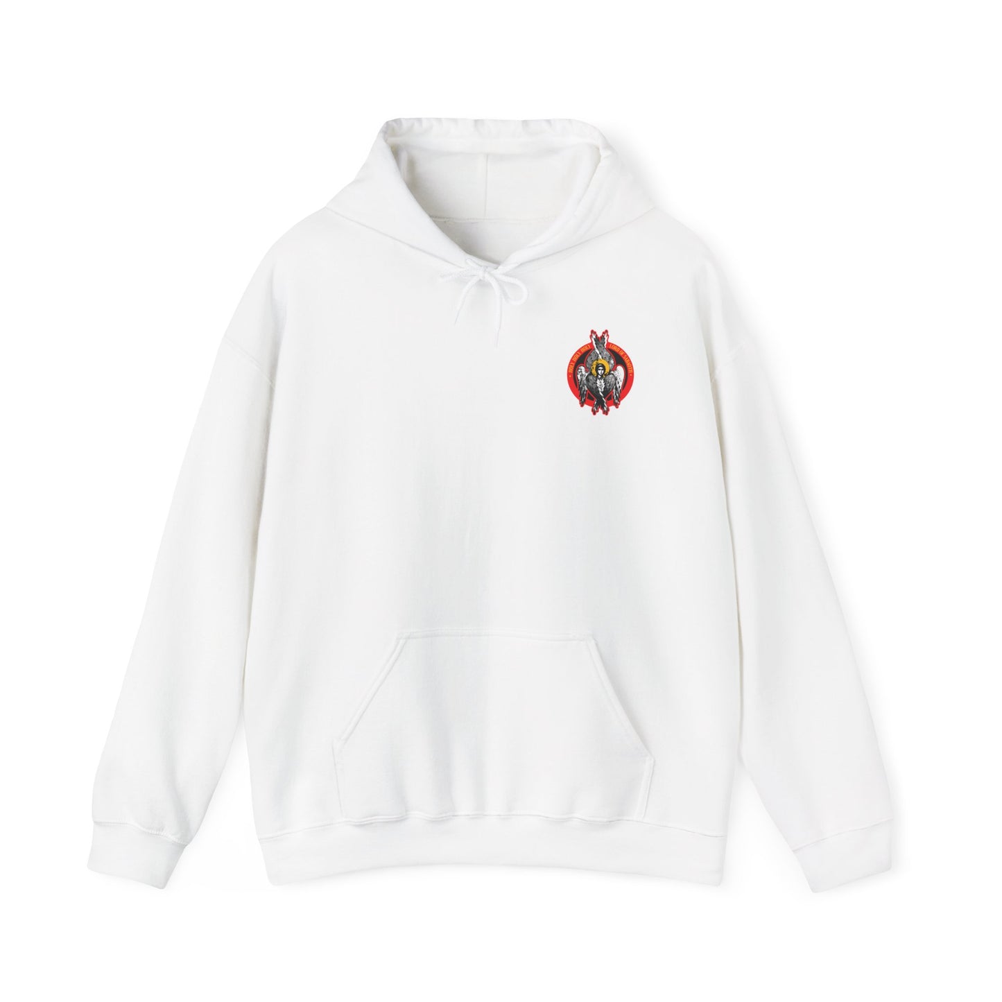 White "Holy Holy Holy Seraphim Angel Icono-Graphic" Orthodox Christian hoodie with front pocket and a small, colorful seraphim angel design on the left chest, inspired by the Heavenly Hosts and St John of Kronstadt.