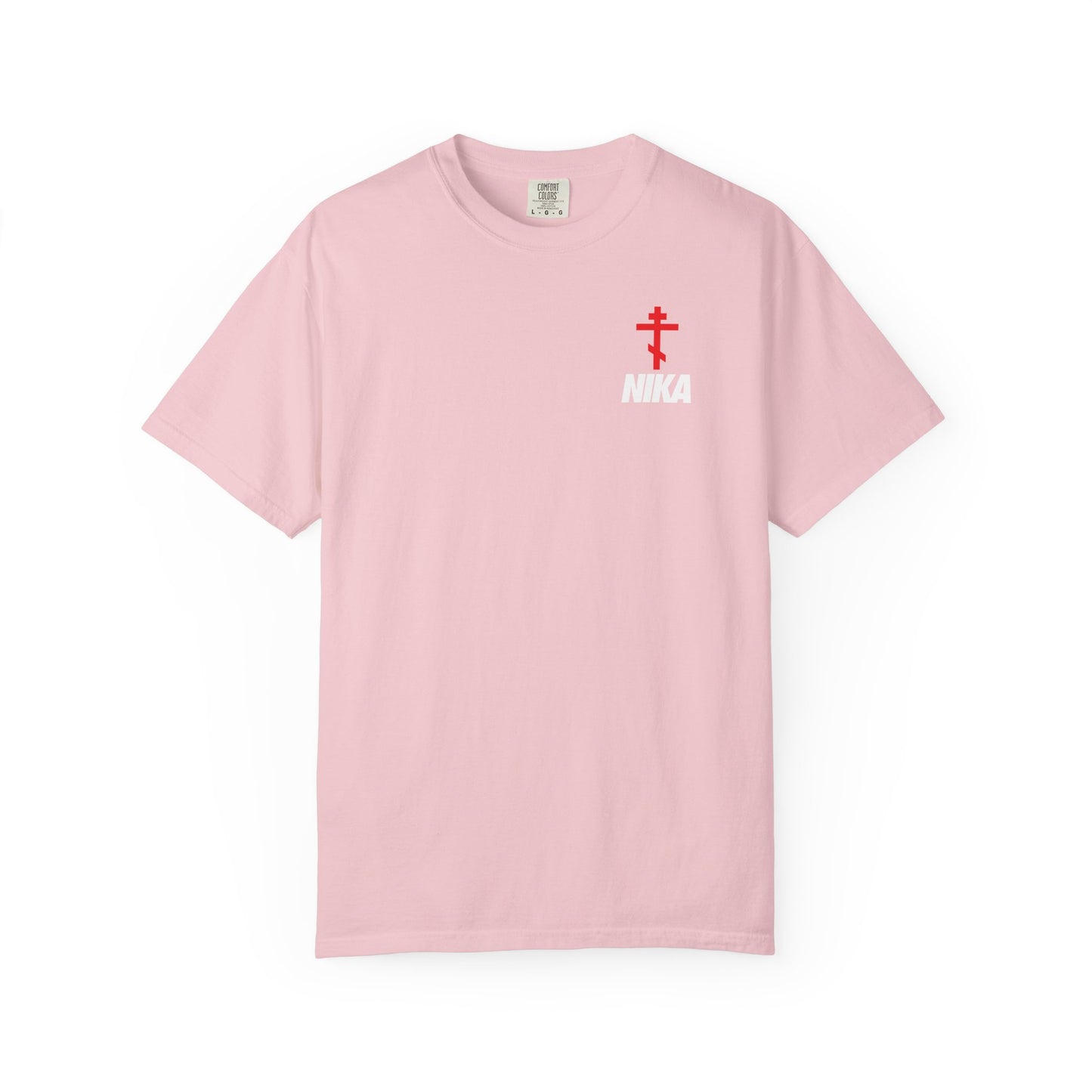 Orthodox Cross with Bold NIKA Text | Small Design | NIKE Logo Mashup | Athletic Ascetic Fashion | Christian Heavyweight Cotton Unisex Tee