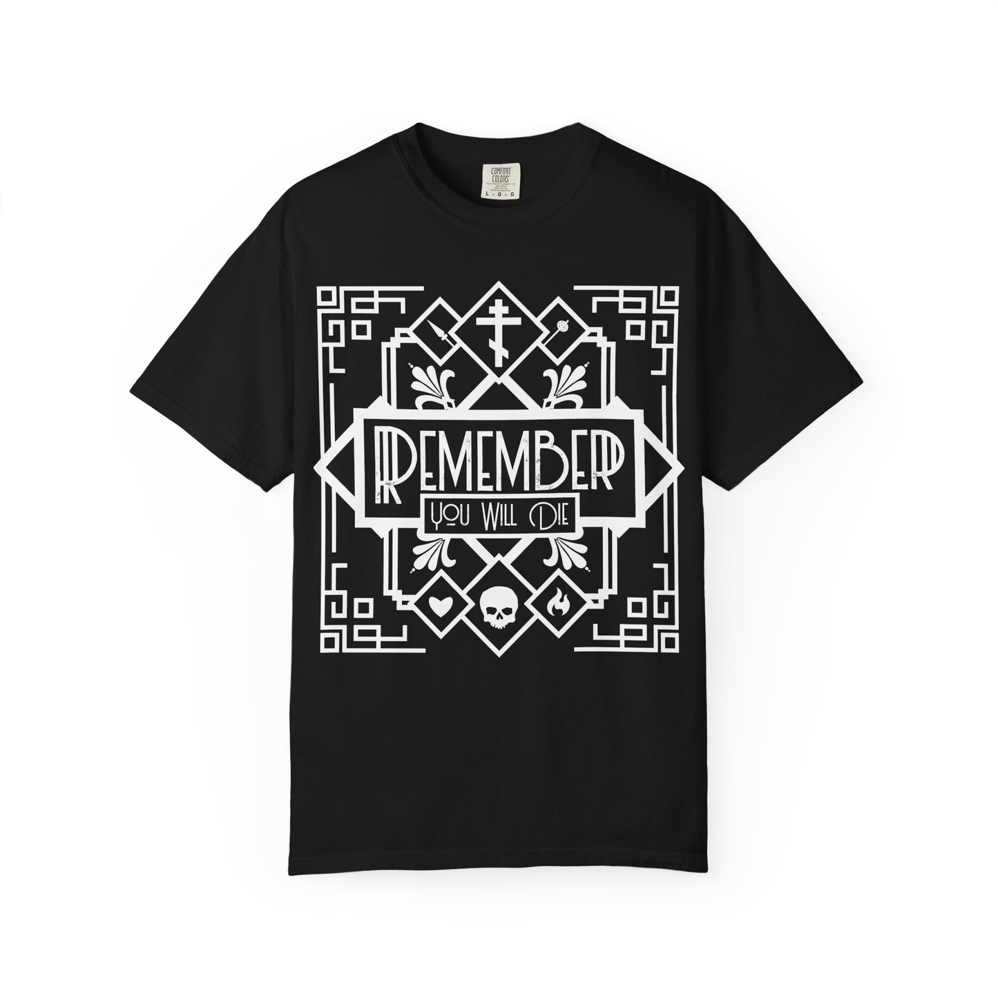 Remember You Will Die Art Deco Design | Black and White Line Art | Skull Heart Fire | Memento Mori | Heavyweight Cotton Unisex T-Shirt