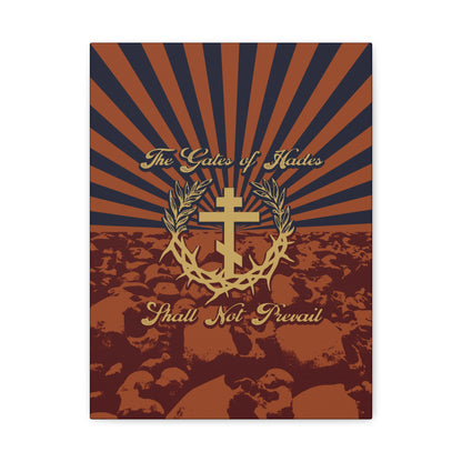 The Gates of Hades Shall Not Prevail | Cross with Wreath & Crown of Thorns | Skulls and Rays | Orthodox Christian Canvas Art