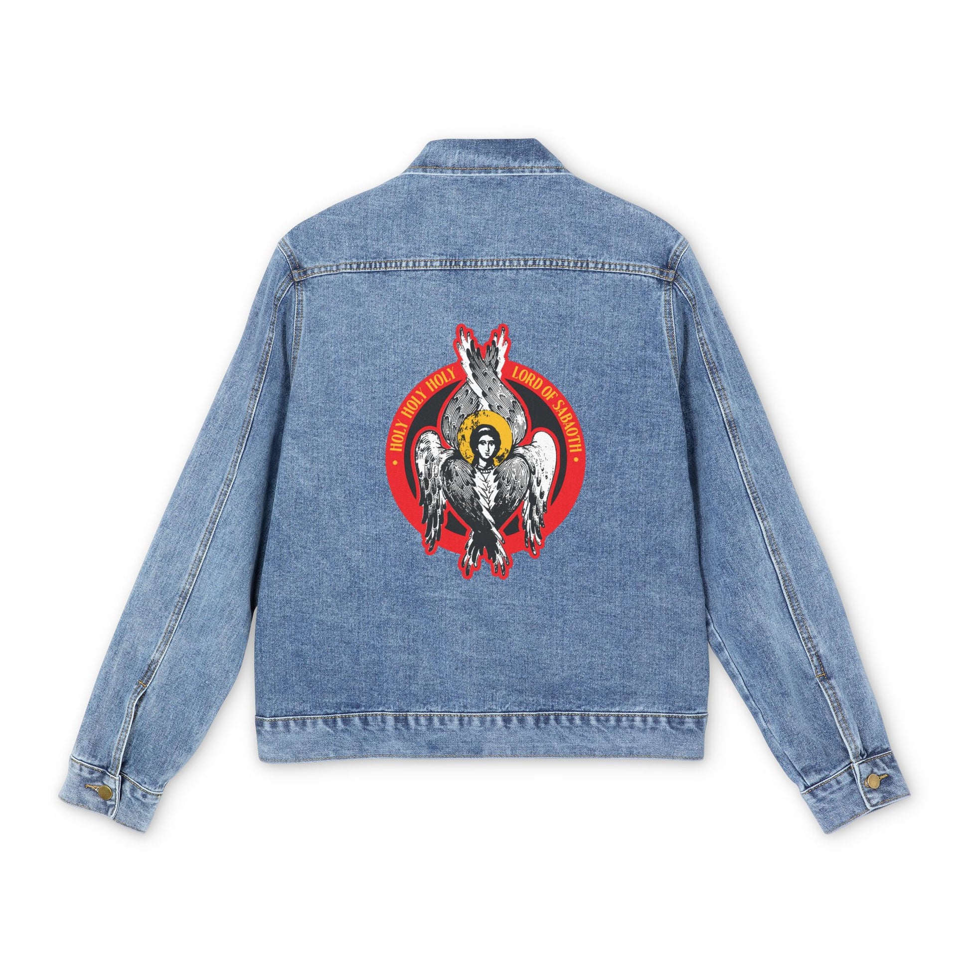Medium denim wash jean jacket featuring an Orthodox Seraphim angel iconographic graphic and red Isaiah 6 text, referencing "Holy Holy Holy, Lord of Sabaoth," on the back.