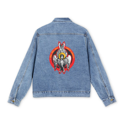 Medium denim wash jean jacket featuring an Orthodox Seraphim angel iconographic graphic and red Isaiah 6 text, referencing "Holy Holy Holy, Lord of Sabaoth," on the back.
