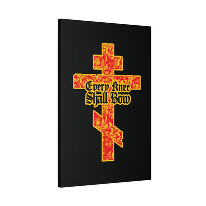 The "Every Knee Shall Bow" Christian wall art features a gold and red floral textured Orthodox cross with gothic lettering on a black background, inspired by Isaiah 45:22-24 and Philippians 2:7-11.