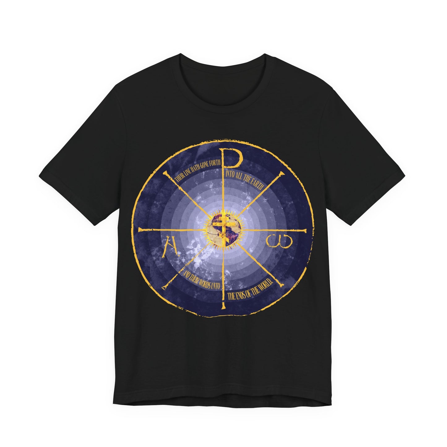 Geocentric Cross & Chi Rho | Alpha & Omega | Blue and Yellow Design | Medieval Style Graphic | Orthodox Christian Cotton T-Shirt