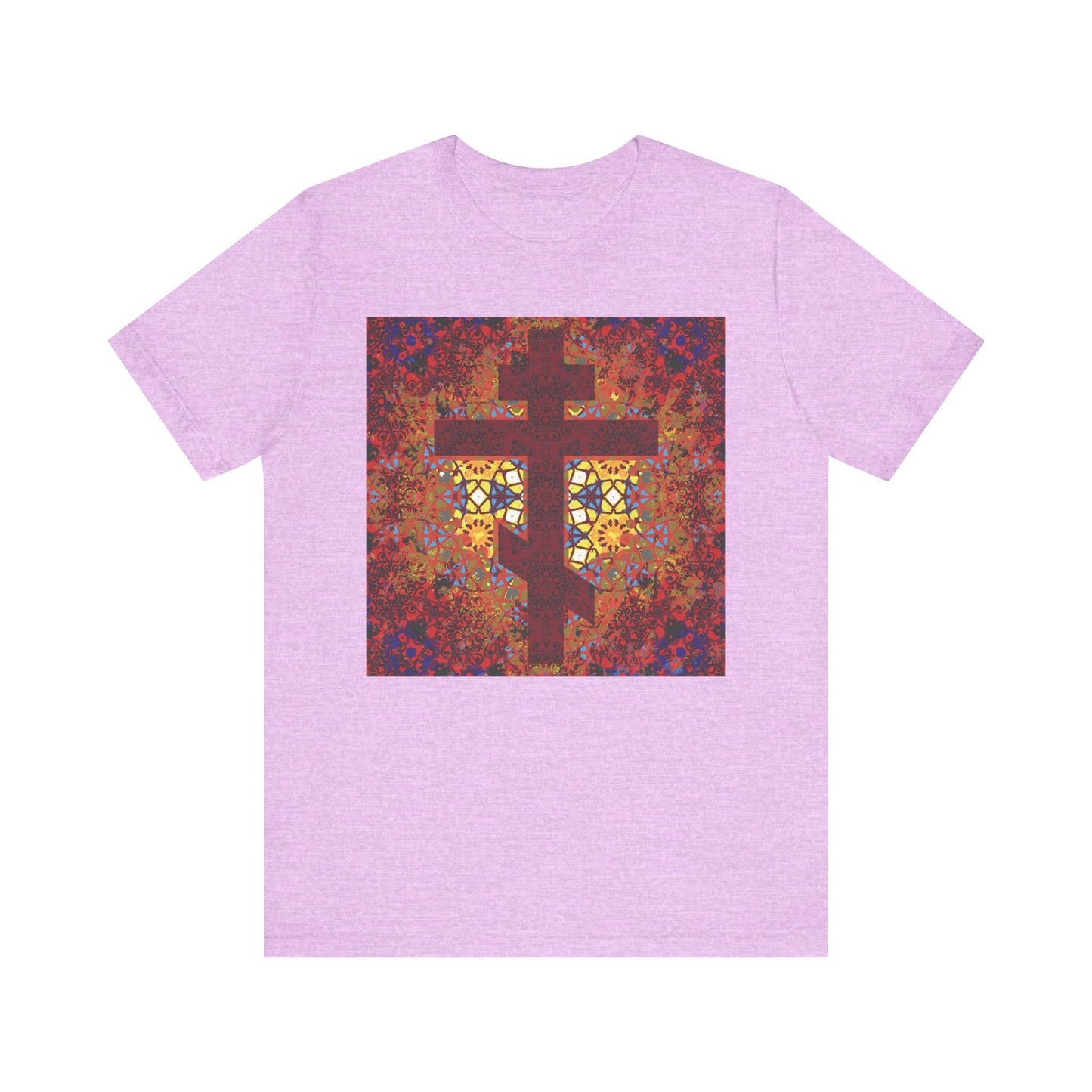 Heather Prism Lilac t-shirt featuring a geometrical stained glass pattern with an Orthodox cross at the center, inspired by the wisdom of Elder Ambrose of Optina. This Christian lightweight cotton unisex t-shirt is designed for comfort and style.