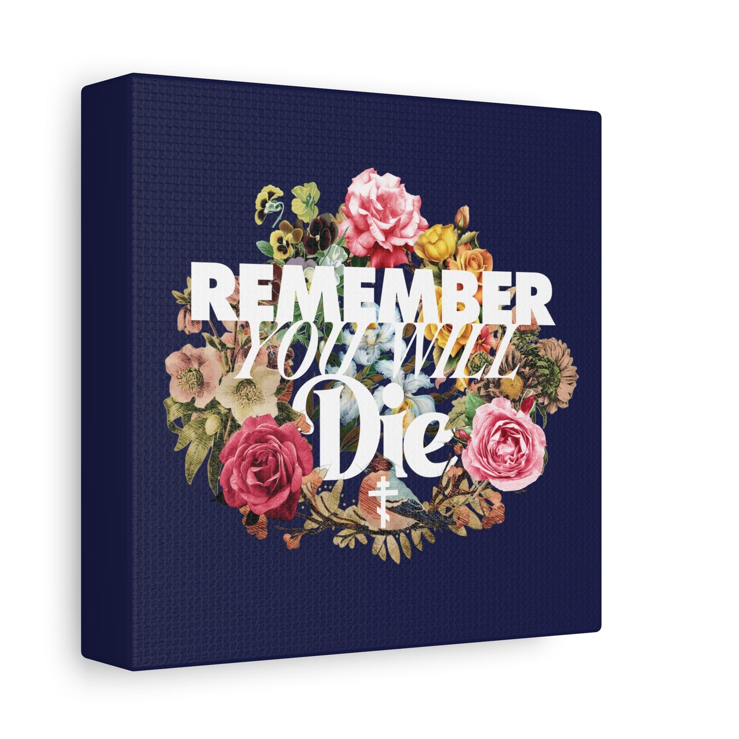 The "Remember You Will Die" Orthodox Christian canvas wall art features classic typography, a cross, and a colorful floral wreath—an inspiring memento mori for daily reflection and cultivating salvation.