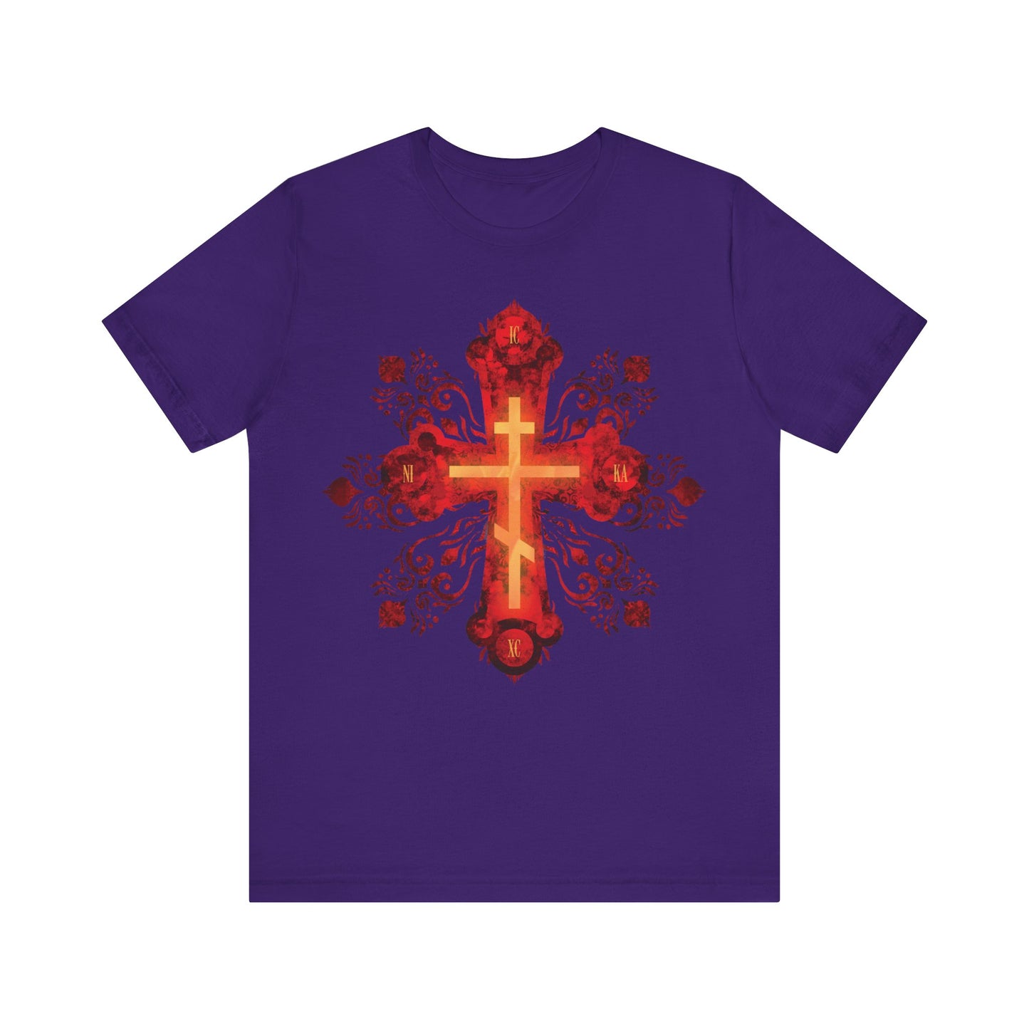 Show your faith with the Team Purple "Red & Gold Ornate Russian Style Precious & Life-Giving Orthodox Cross" Christian cotton tee—featuring a striking cross design and "He was pierced for our transgressions." Unisex fit.