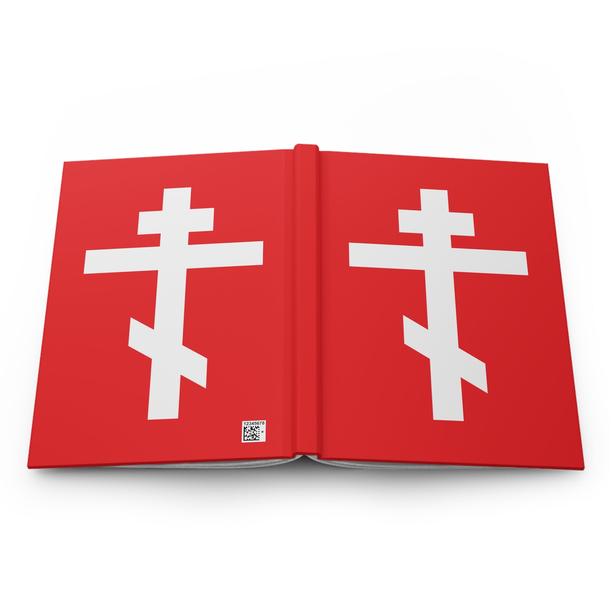 A red hardcover journal titled "White Orthodox Cross Red Background," featuring two white Orthodox crosses, with the quote: "May I never boast, except in the cross of our Lord Jesus Christ" (Gal 6:14).