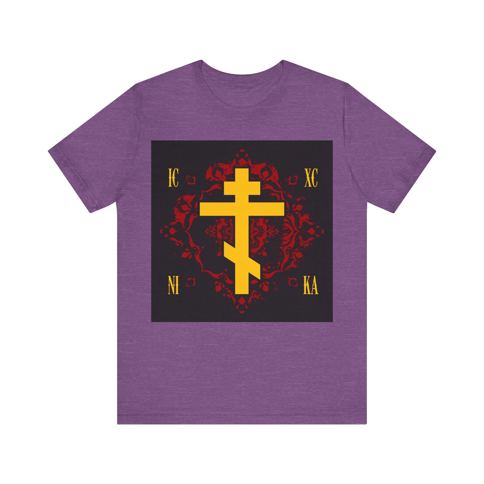 aco 　MEDI CROSS STITCH SHIRT ICXC NIKA Gold and Dark Red Cross Design Orthodox Christian T-Shirt