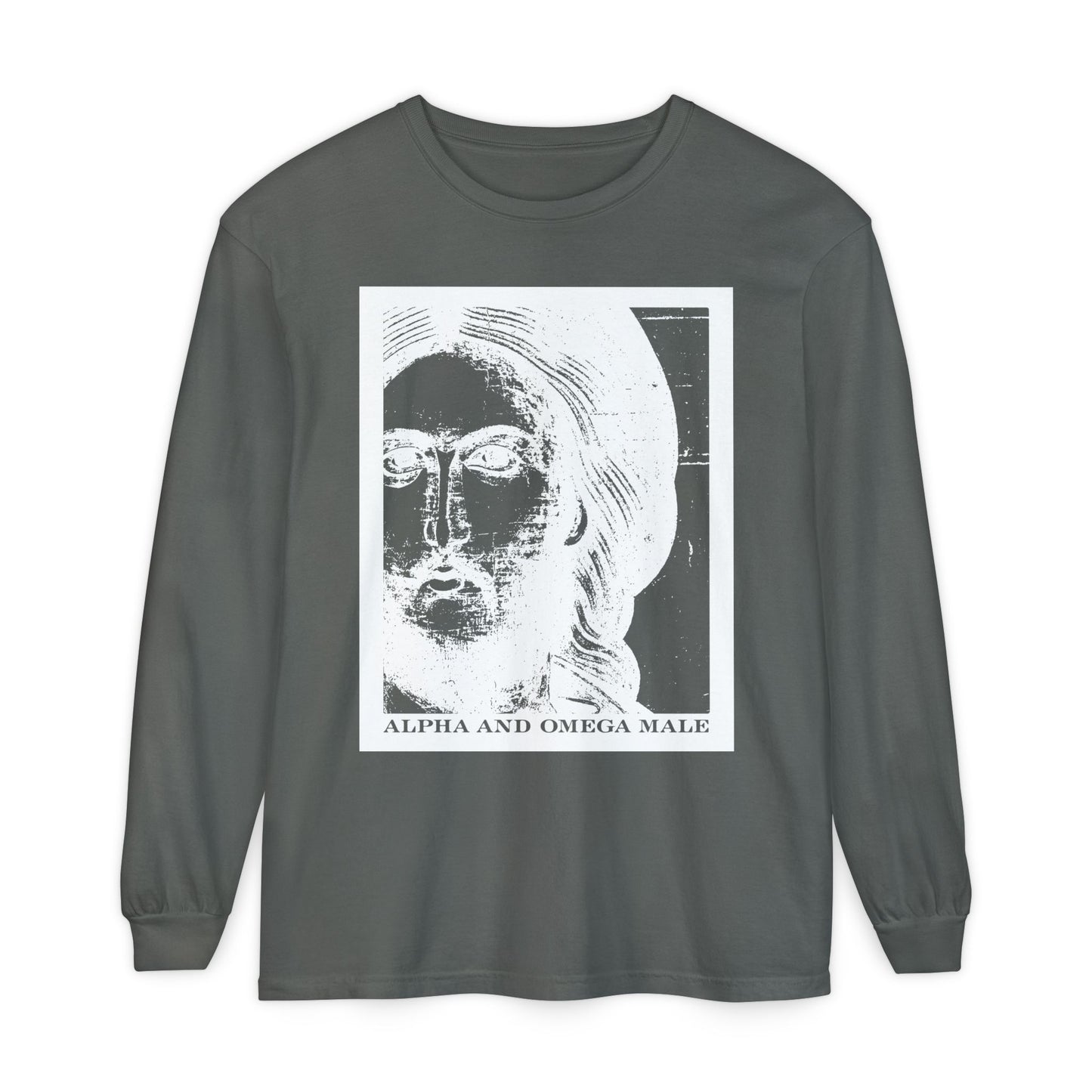 Pepper-colored long sleeve cotton shirt featuring a white iconographic photonegative of Jesus and text "Alpha & Omega Male – I am the Beginning & the End (Rev 22)" inspired by Alpha & Omega and the new Jerusalem.