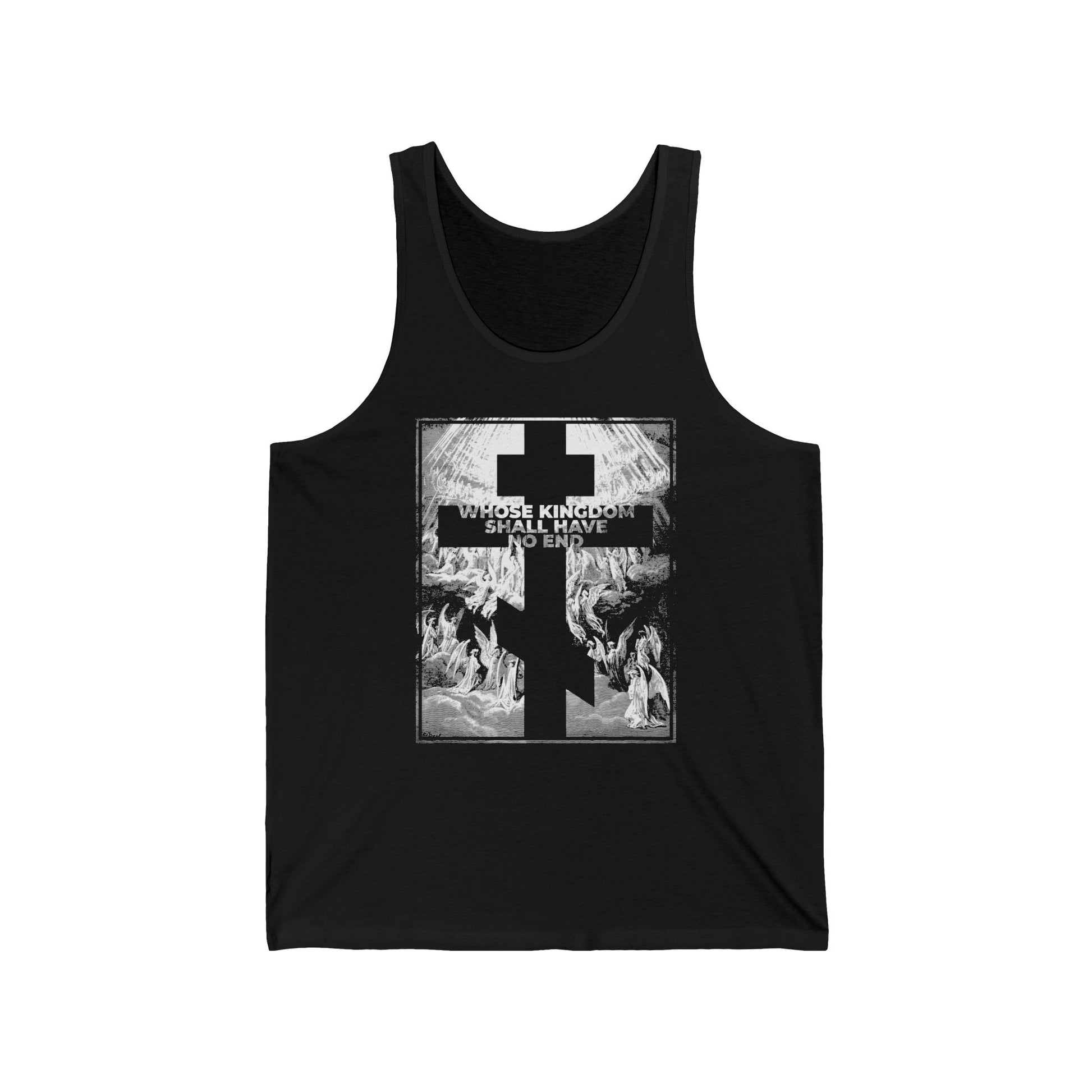 Black tank top featuring Gustave Dore etching and bold white text: "Whose Kingdom Shall Have No End," inspired by the Nicene Creed—a striking statement of Orthodox Christian faith.