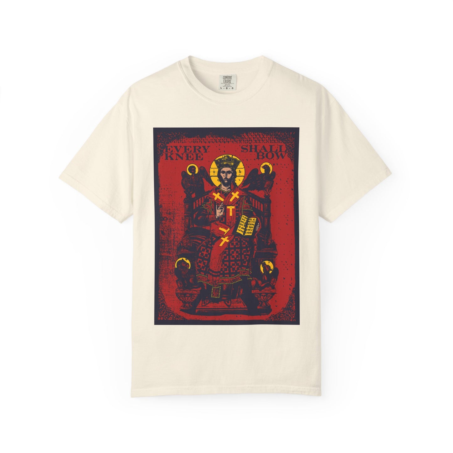 Ivory heavyweight cotton tee featuring the Christ Enthroned IconoGraphic with Ezekiel's Chariot and "Every Knee Shall Bow" (Phil 2:8-11, Isaiah 45:23) design. Unisex fit.