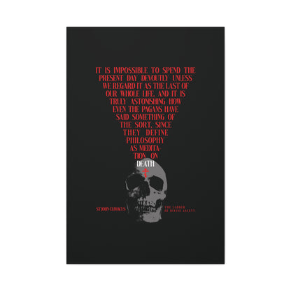 A canvas wall art titled "The Present Day As the Last Day of Our Life" features a skull with a red Orthodox cross, inspired by St John Climacus's teachings on memento mori and meditation on death.