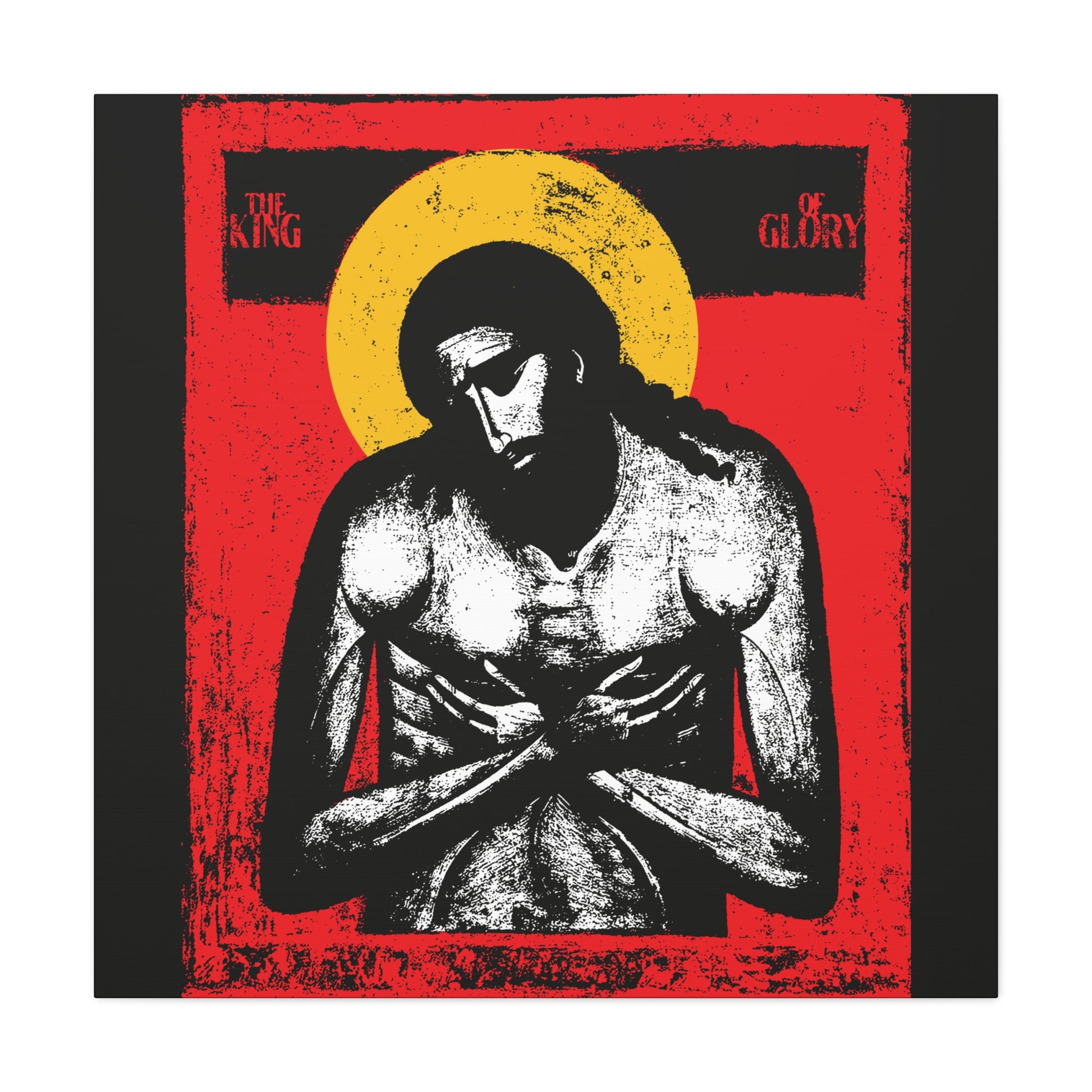 Stylized image of Jesus Christ from "The King of Glory Jesus Christ 'Extreme Humility' IconoGraphic" wall art, featuring a yellow halo, red text, and black background—Christian devotional art inspired by Isaiah 53.