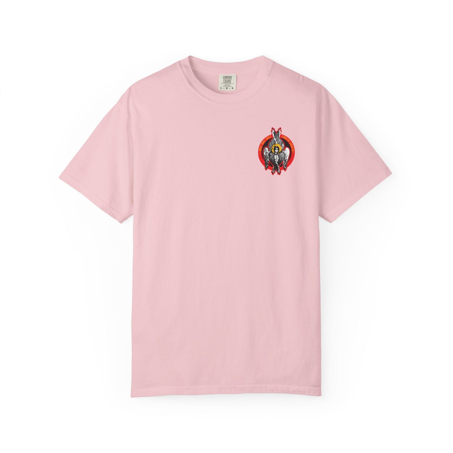 Blossom Holy Holy Holy Seraphim Angel Icono-Graphic tee featuring a small, colorful angel graphic on the left chest—Inspired by spiritual purity and heavenly hosts. Heavyweight cotton Orthodox unisex design.