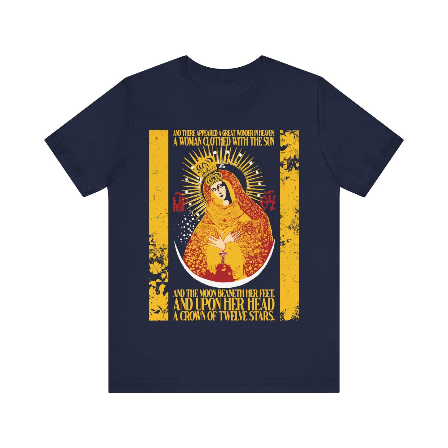 Our Lady the Gate of Dawn | Woman of the Apocalypse Rev 12:1 | Theotokos Gold Floral Texture Design | Orthodox Christian Cotton T-Shirt