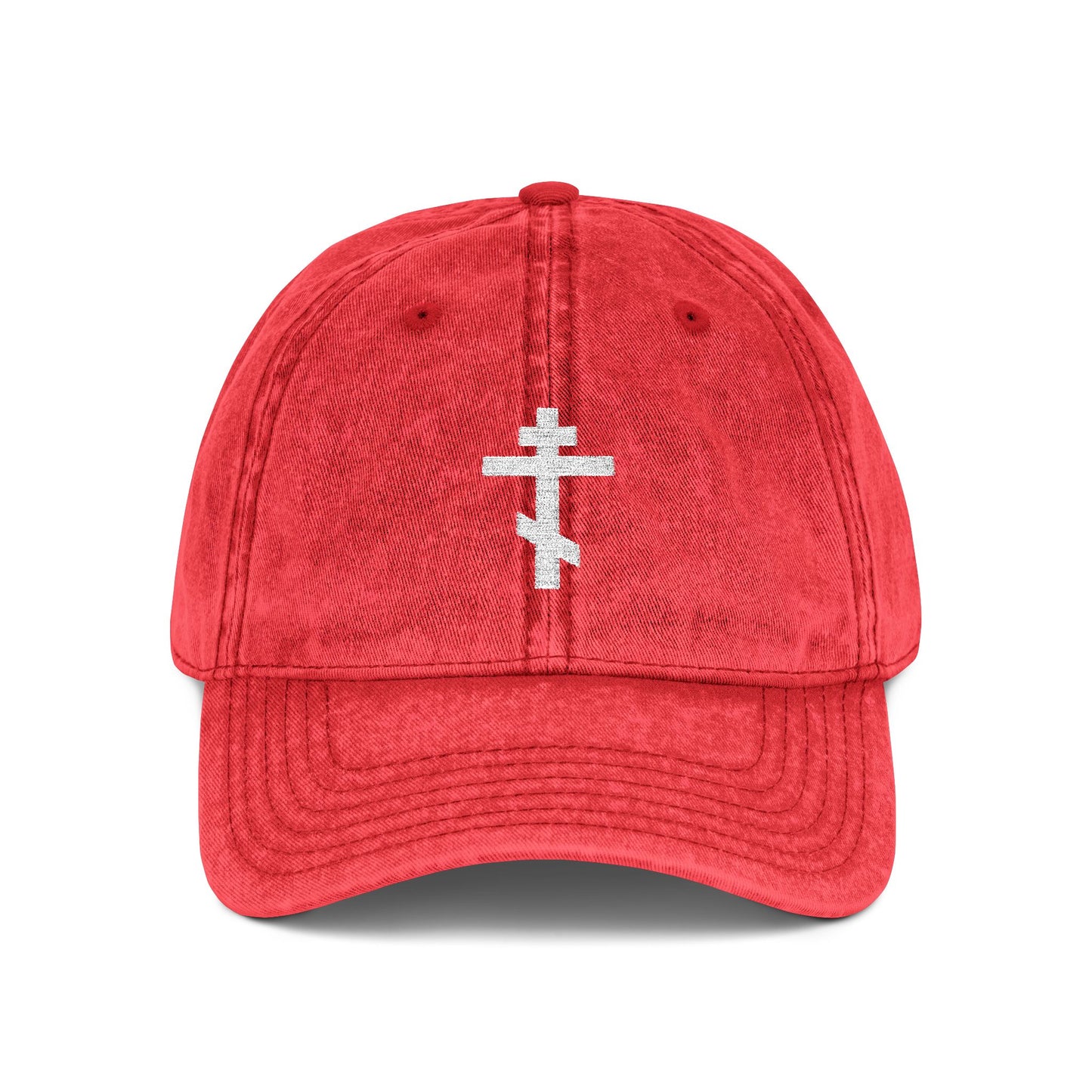 Red "Simple White Orthodox TriBar Cross" cap, featuring a minimalist white cross embroidered on the front with "Crucify My Ego to the Precious and Life Giving Cross" design. Distressed, Christian, and symbolic of faith.