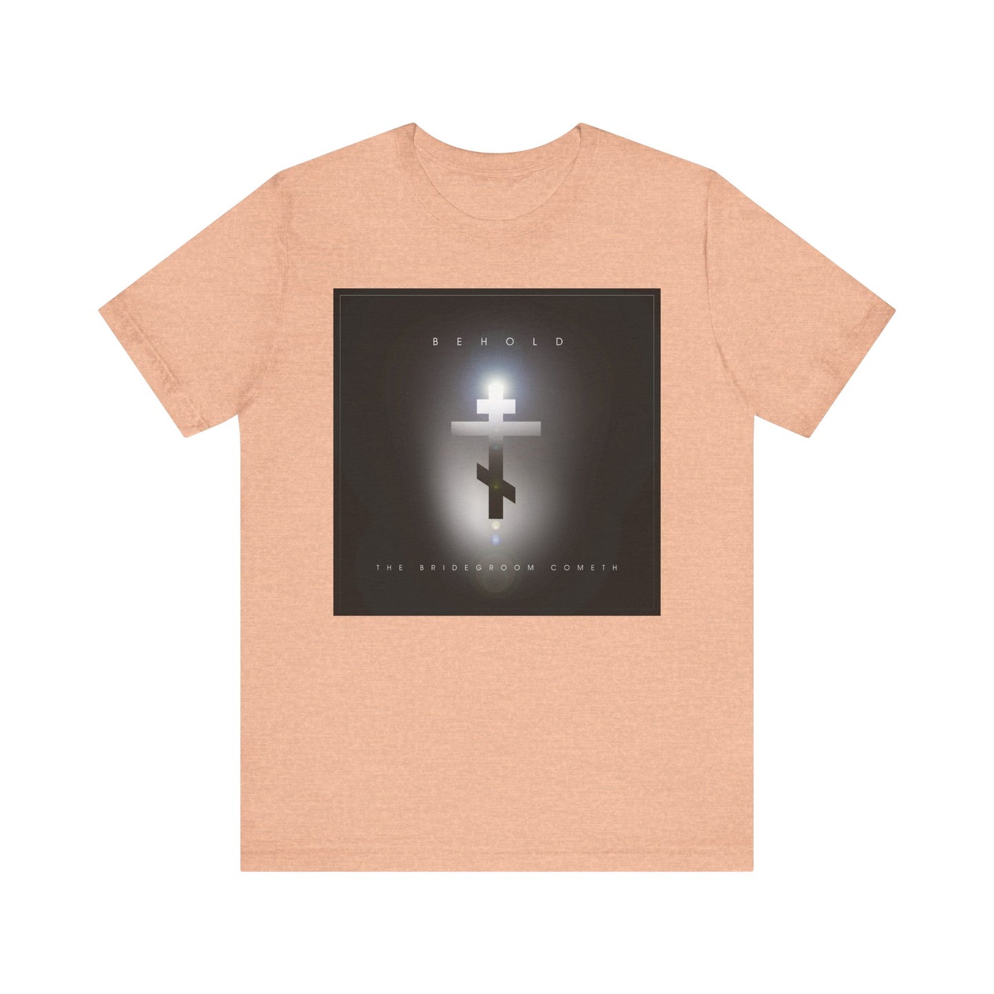 Heather Peach unisex t-shirt featuring a minimalist cinematic lens flare design of an Orthodox cross and "Behold The Bridegroom Cometh," inspired by St. Augustine's reflections on the day of judgment. Lightweight cotton, perfect for daily wear.