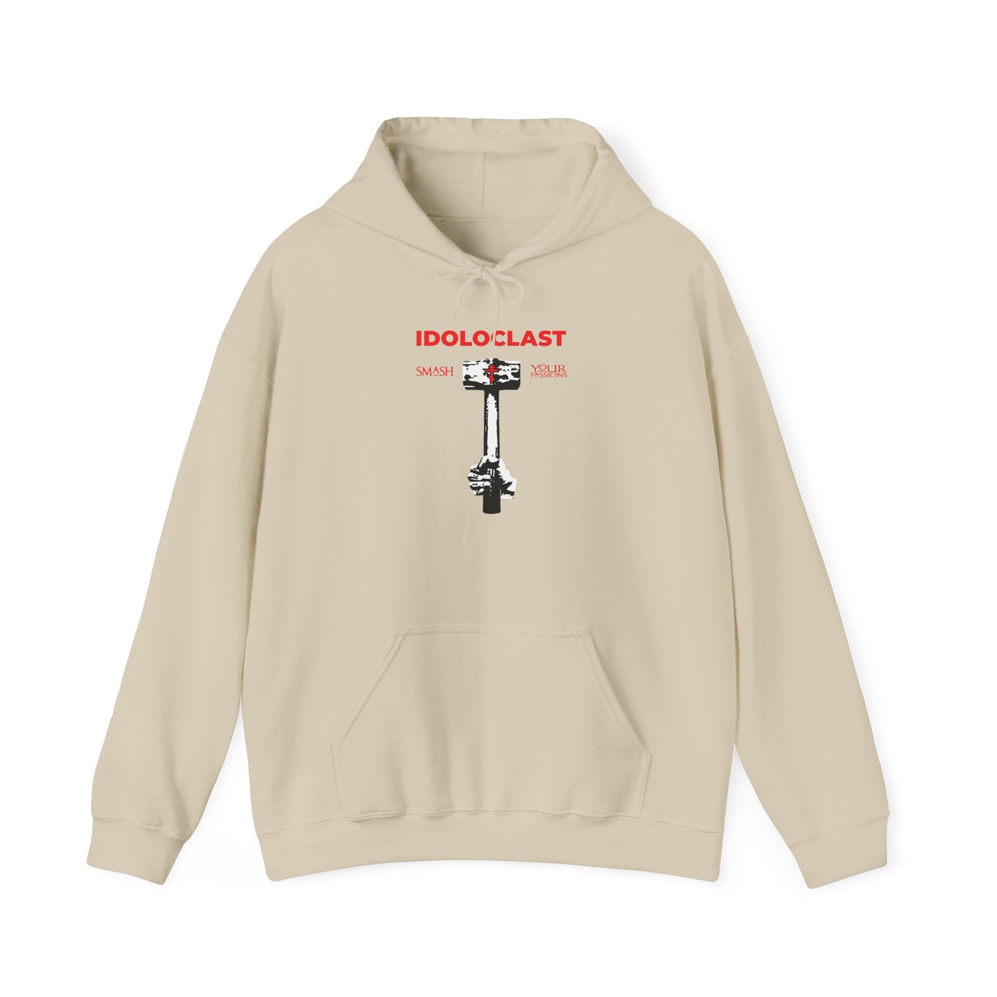 Sand-colored "Idoloclast Idol-Smasher" hoodie featuring "IDOLOCLAST" in red and a graphic of Jesus’ fist wielding a sledgehammer to smash an idol, inspired by Christian asceticism and the teachings of St. Macarius of Optina on overcoming the eight passions. Emblazoned with ICXC NIKA, this Orthodox Christian hoodie invites you to smash your passions.
