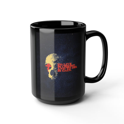 To Live is Christ and to Die is Gain | Phil 1:21 | Retro Texture | Glowing Letters and Cross with Skull | Orthodox Christian Black Mug