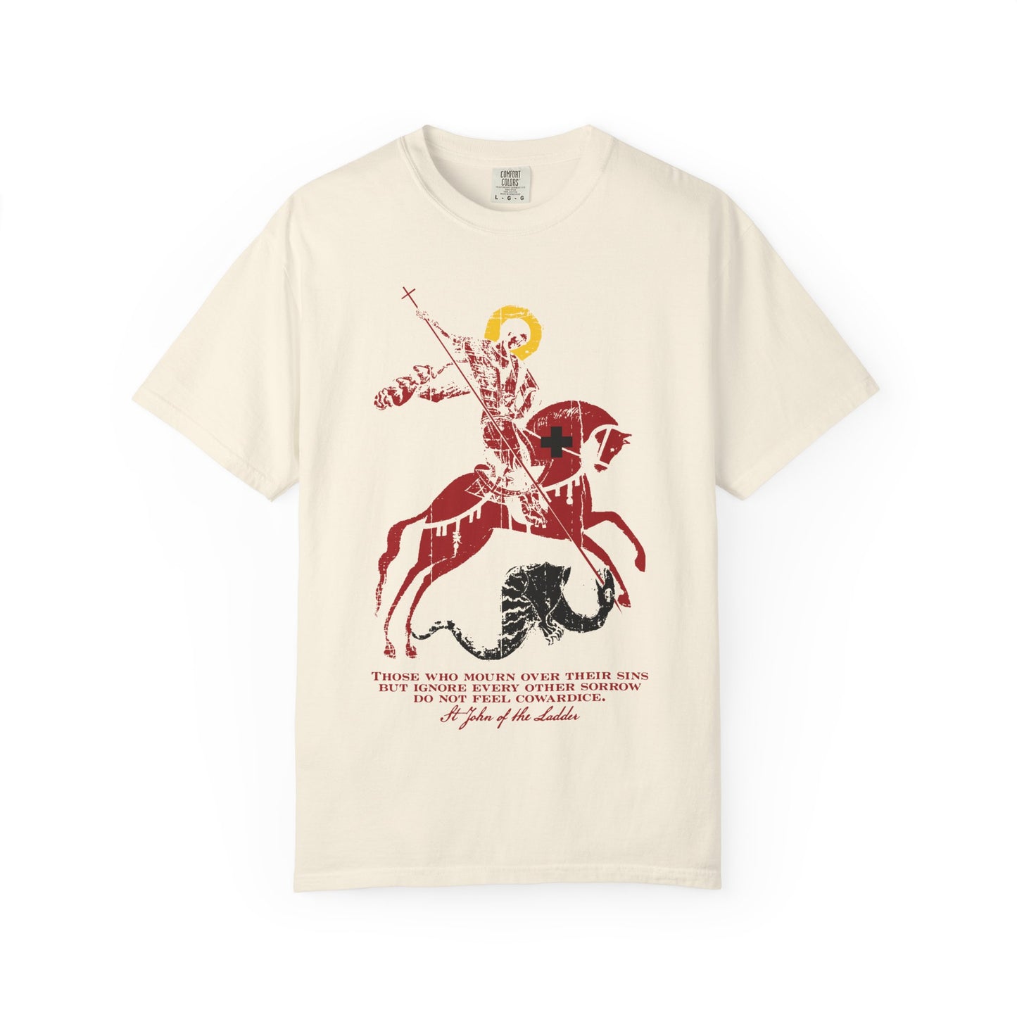 Ivory unisex heavyweight cotton tee showcasing the “Those Who Mourn Over Their Sins” design—an iconographic depiction of St George slaying the dragon, accompanied by an inspiring quote on godly mourning, drawing from the spiritual teachings of St John Climacus and reflecting Orthodox Christian themes of overcoming sorrowful sadness.
