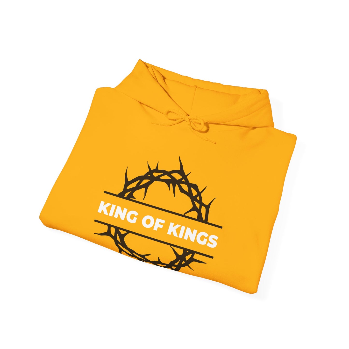 Yellow "King of Kings Crown of Thorns" hoodie featuring a crown of thorns graphic and bold KING OF KINGS text, inspired by Revelation 19:16. Orthodox Christian apparel; The King of Glory—Christ is King.