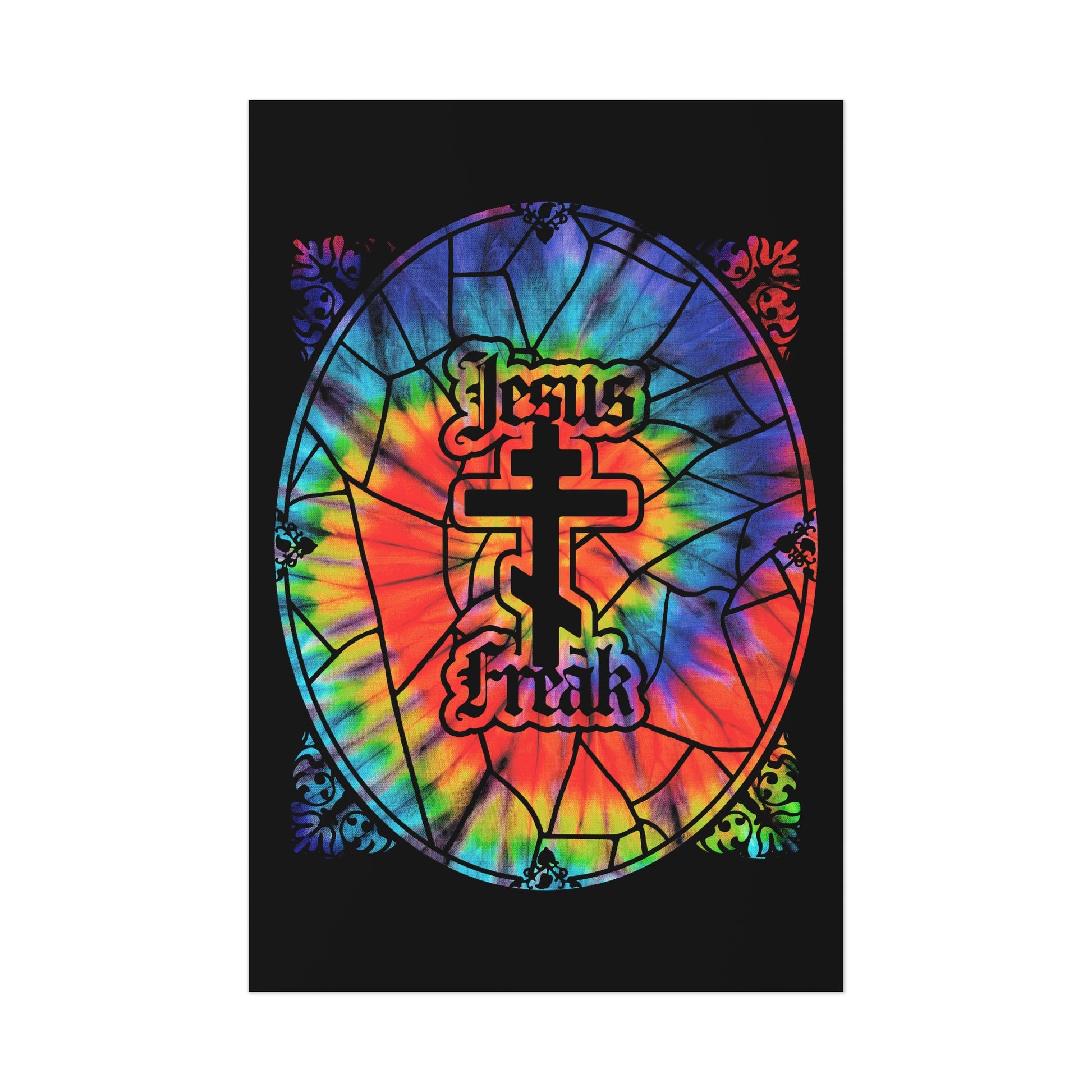 This Christian art poster features a vibrant tie-dye stained glass window design with an Orthodox cross and "Jesus Freak" text, inspired by the 70s Jesus Movement. Perfect for fans of hippie and Duane Pederson-inspired art.