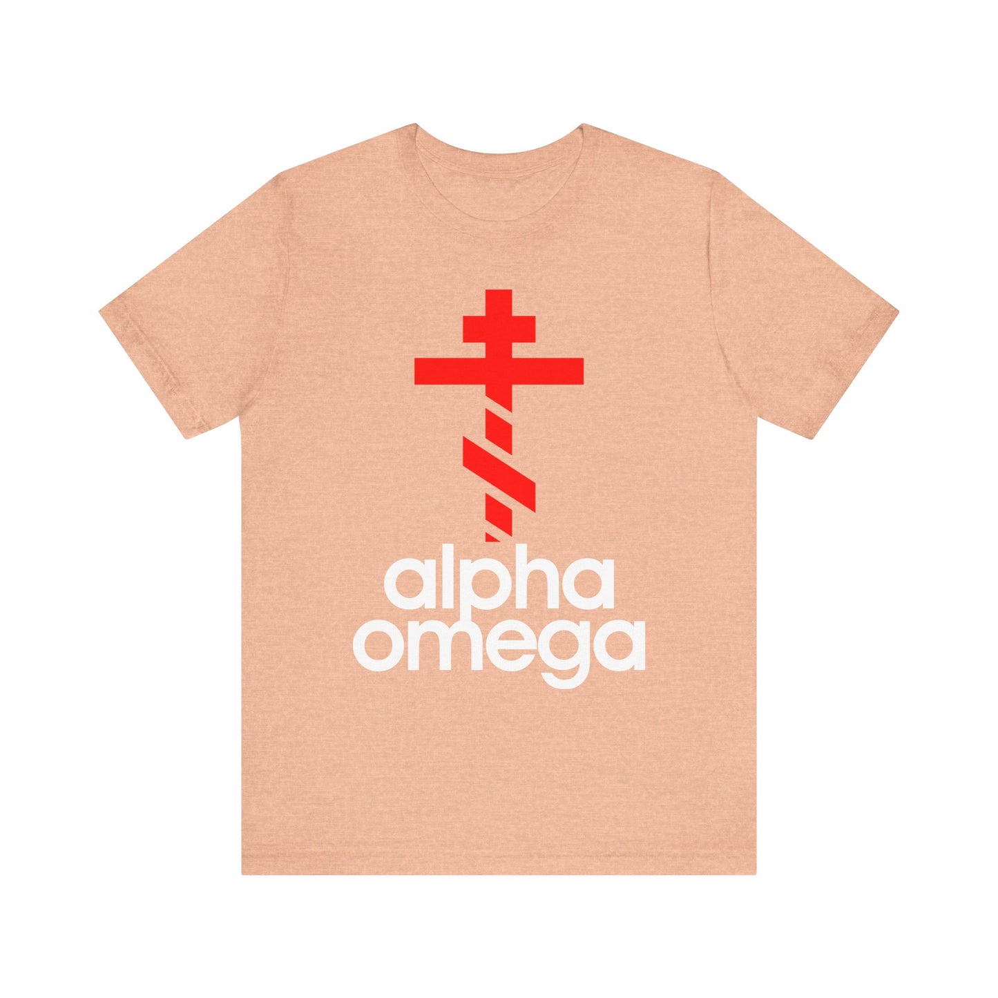 Heather peach unisex tee featuring a large red Orthodox cross above bold white "alpha omega" text, inspired by Christian life and prayer. Minimalist Adidas-inspired logo mashup in lightweight cotton.