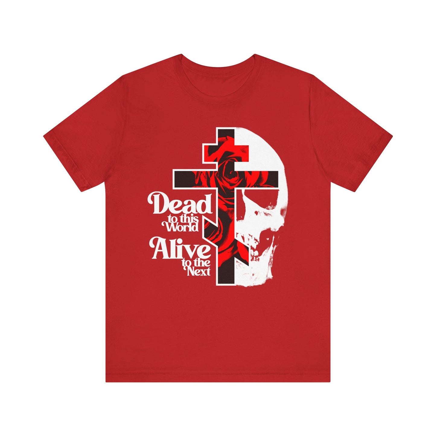 Make a bold statement of Orthodox Christian faith with this bestselling red unisex tee: featuring a flower cross, skull, 70s typography, and “Dead to this World”—inspired by the Ladder of Divine Ascent and holy renunciation.