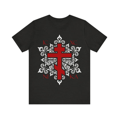 ICXC / NIKA Red Orthodox Cross on Ornate White Medieval Floral Design | Exclusive Best-Selling Orthodox Christian T-Shirt