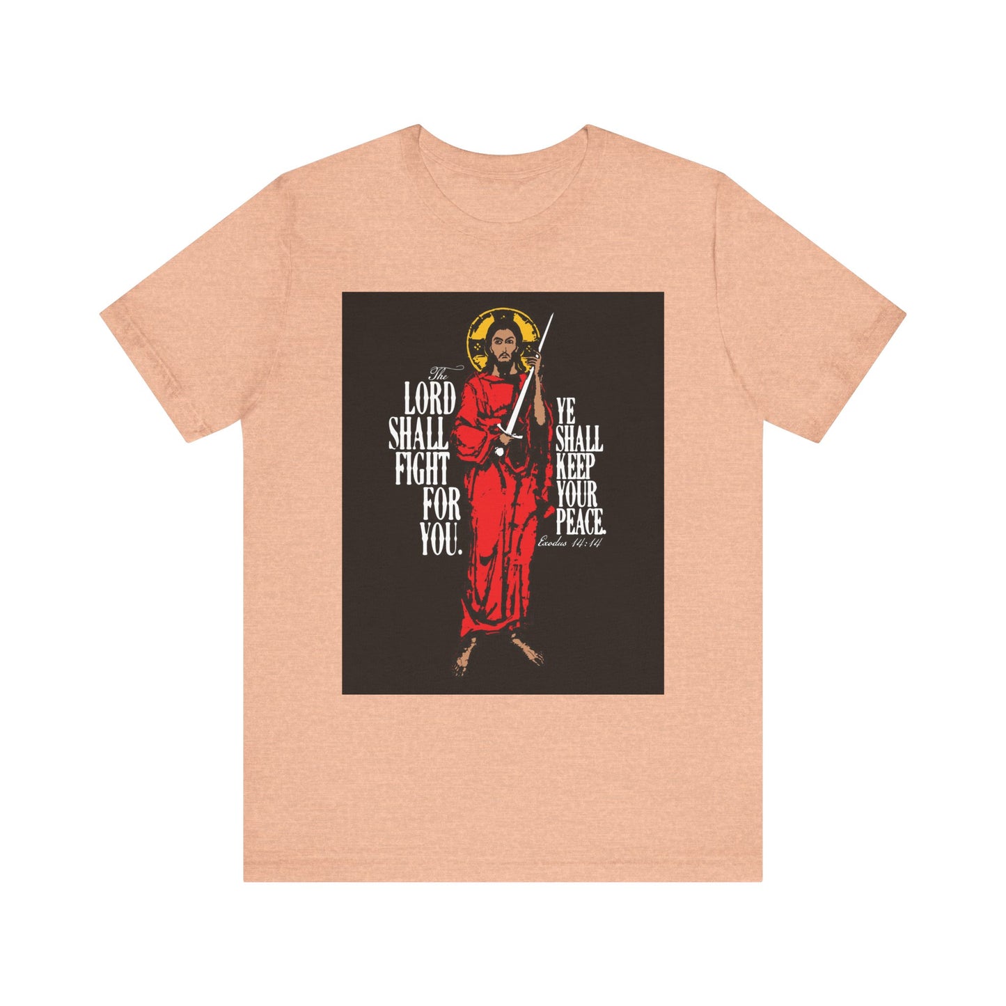 The Lord Shall Fight For You (Exodus 14:14) lightweight cotton unisex tee in heather peach, featuring Jesus with a sword and the text: The Lord shall fight for you. Inspired by Exodus 14:13-14.