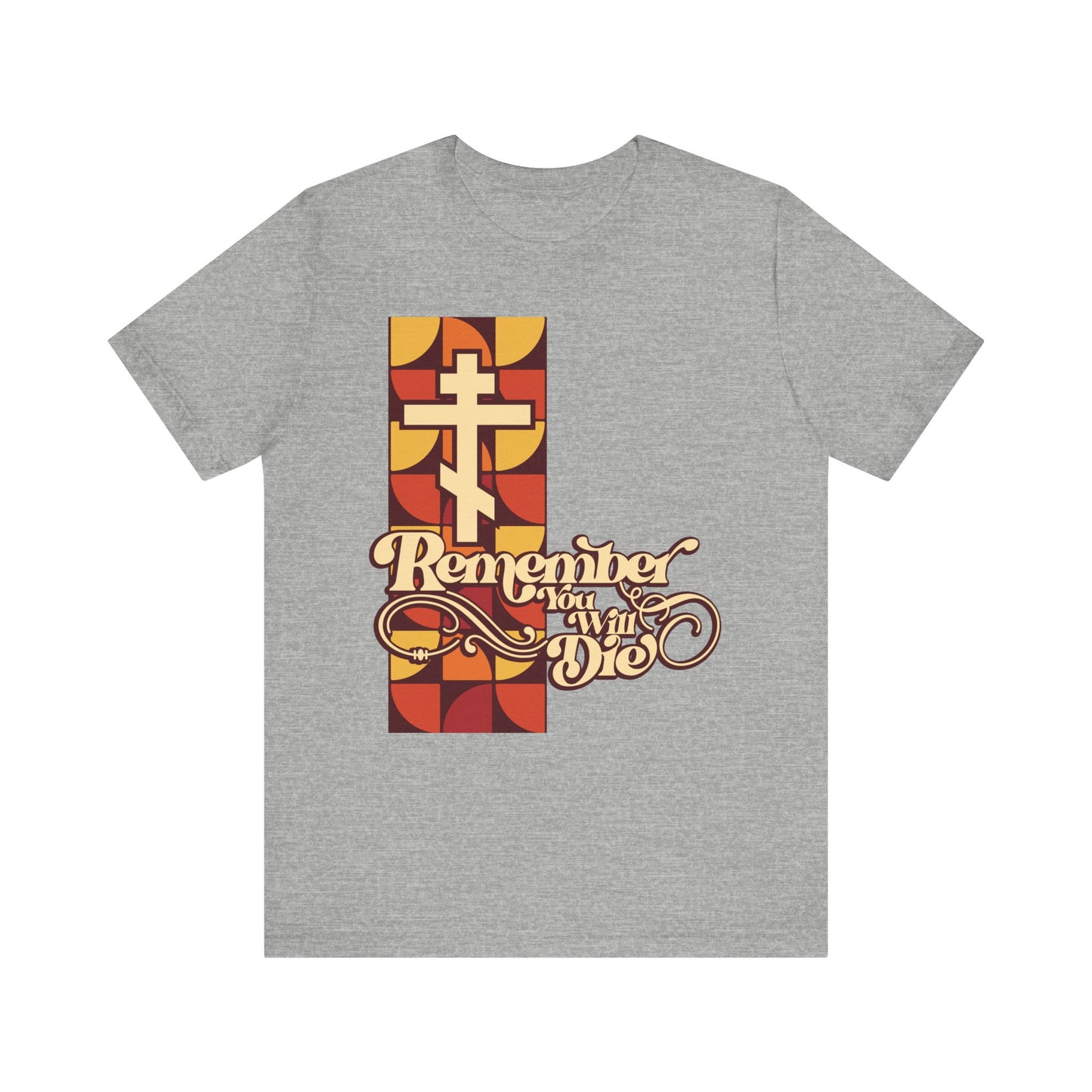 Athletic Heather t-shirt featuring a bold 70's-inspired design with a cross, geometric patterns, and "Remember You Will Die" in stylish lettering—an evocative Orthodox Christian tee inspired by the solemn themes of Stichera for the Dead and the spirit of Friday Vespers, available as the Remember You Will Die RYWD 70's Design | Beige Red and Yellow Lightweight Cotton Unisex Tee.