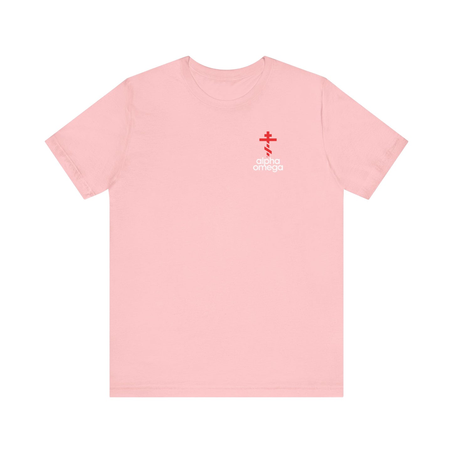 Pink Alpha & Omega Red Orthodox Cross Unisex Tee with a small minimalist red cross logo and text on the upper left chest, inspired by Adidas. Lightweight cotton shirt symbolizes Christian devotion and asceticism.