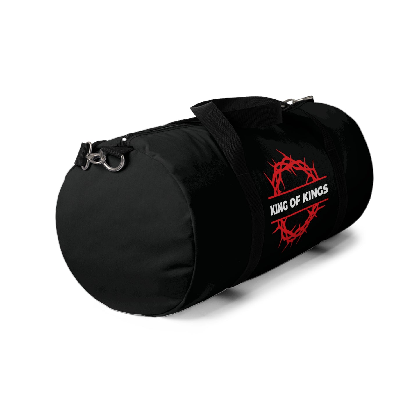 The "King of Kings Crown of Thorns | The King of Glory | Christ is King" gym duffel bag features bold KING OF KINGS text with a red crown of thorns, inspired by Revelation 19:16 declaring Christ as King.