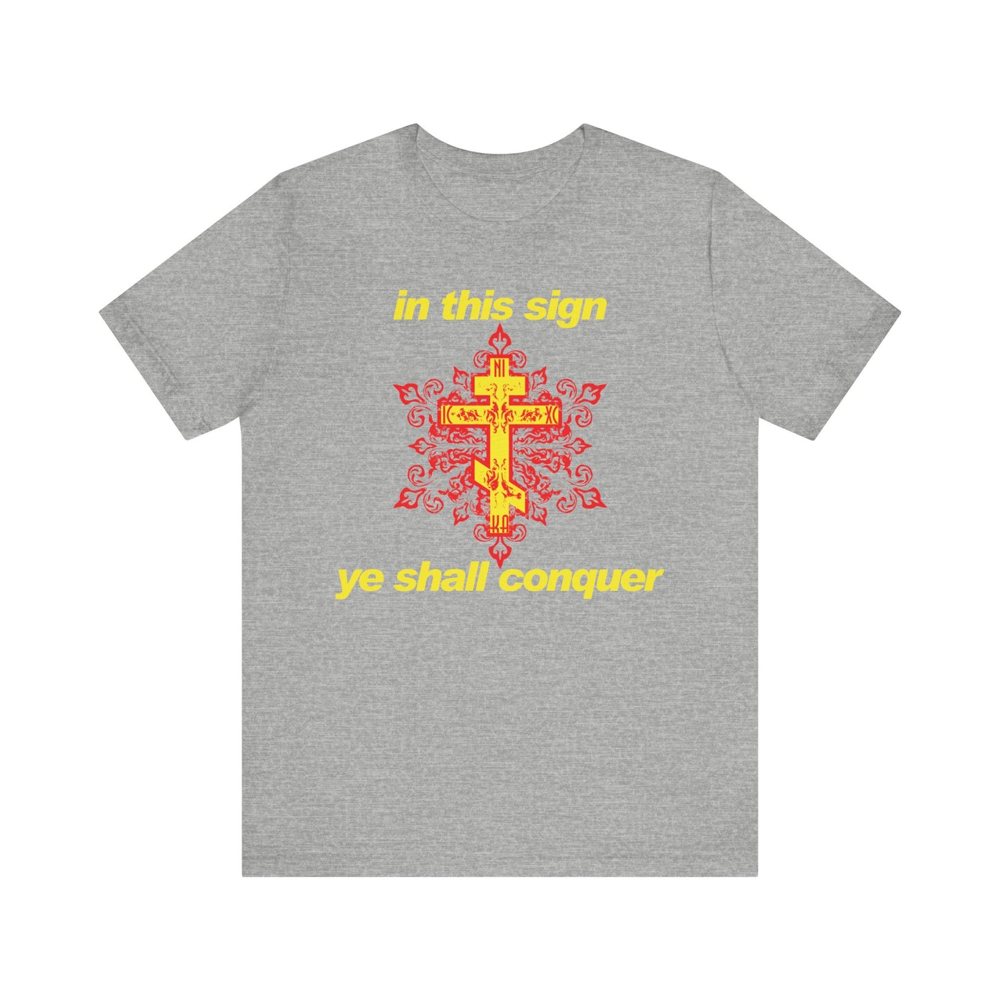 Athletic Heather "In This Sign Ye Shall Conquer" Unisex T-Shirt featuring a bold red and yellow modern typographic design—a lightweight cotton piece inspired by Orthodox Christian faith and the enduring prayerful wisdom of St. Theophan the Recluse.