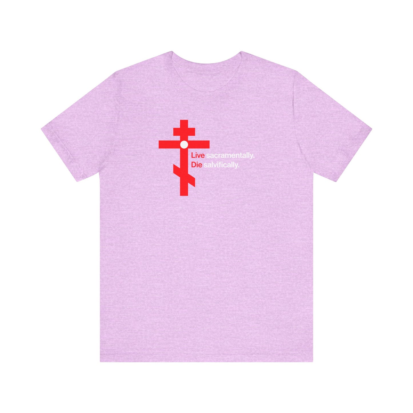 Heather Prism Lilac unisex tee featuring a red Orthodox cross in a white circle and "Live Sacramentally. Die Salvifically." text, inspired by St. John Climacus and themes of Memento Mori, humility, and repentance.