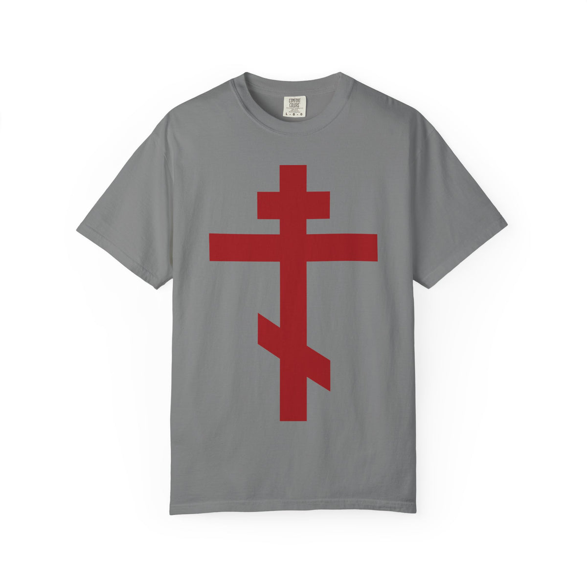 Grey Red Orthodox Cross T-Shirt with a large red St. John of Kronstadt cross centered on the chest.
