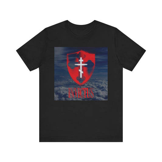 Black Invictus White Orthodox Cross unisex tee featuring a glowing red halftone shield and Christ Unconquered text, set against a clouds background. Inspired by 1 Corinthians 15:54—“Death is swallowed up in victory”—this lightweight cotton shirt symbolizes immortality and unwavering strength.