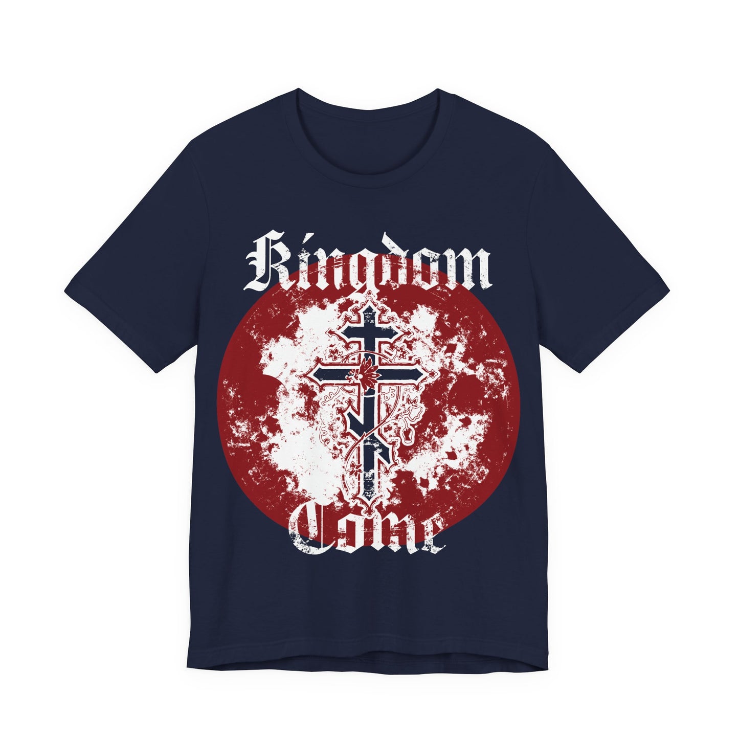 Navy "Kingdom Come | Lord's Prayer" unisex cotton t-shirt featuring an Orthodox cross with vine design, inspired by Orthodox Christian faith.